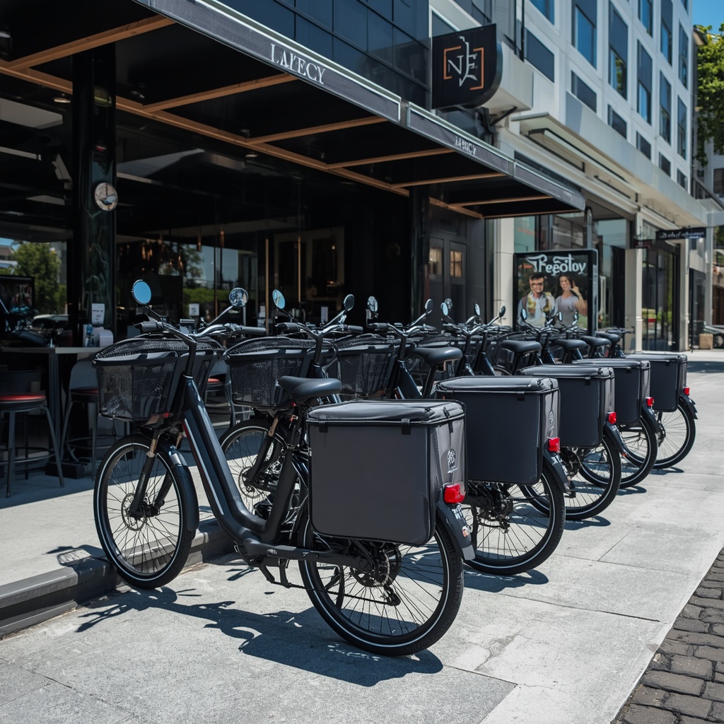 Electric bicycles with insulated delivery bags lined up outside a modern restaurant, urban street scene, sunny day, wide angle shot